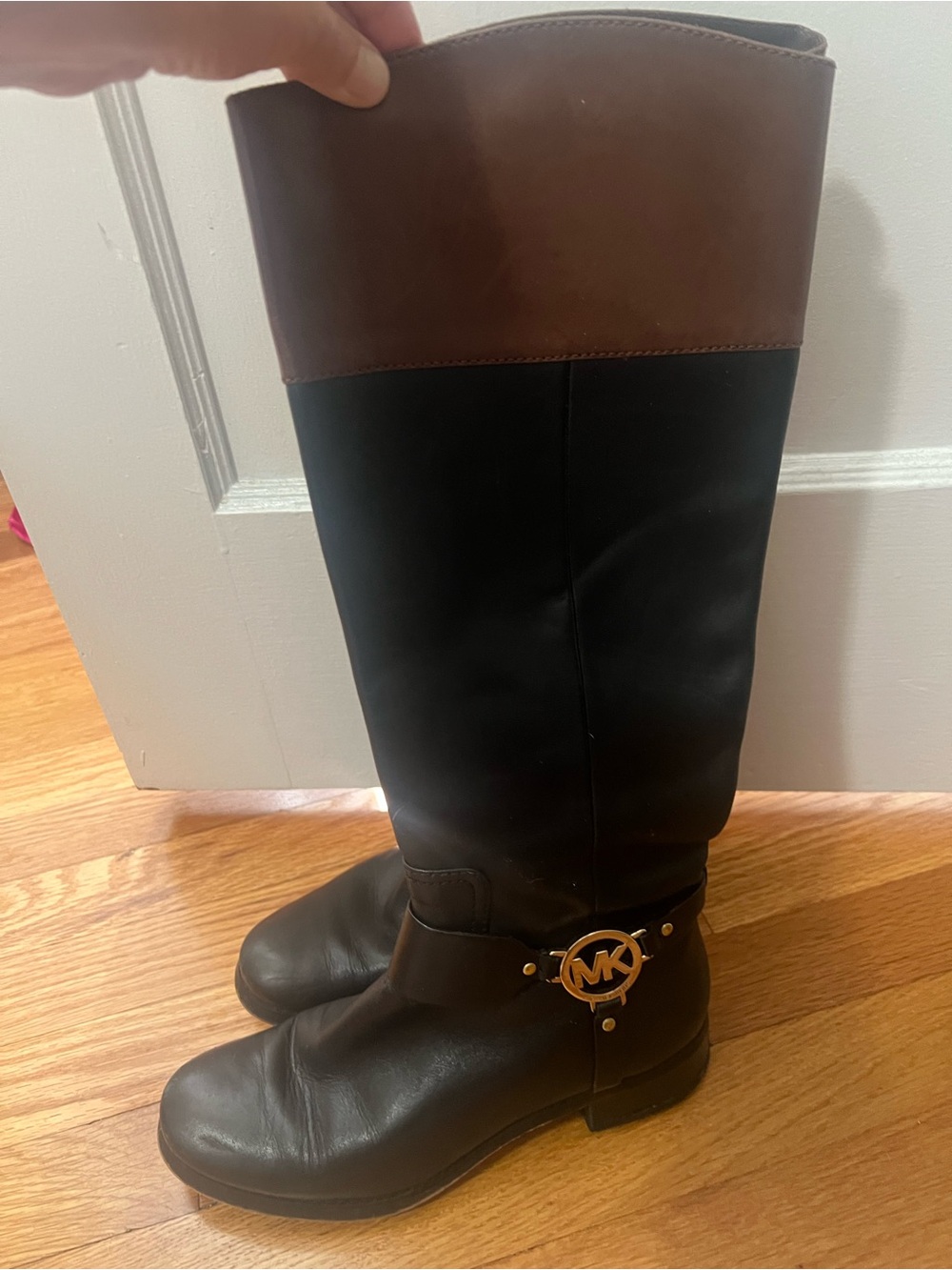Michael Kors Black Leather Riding Boots with Brown Cuff and Gold MK Medallion
